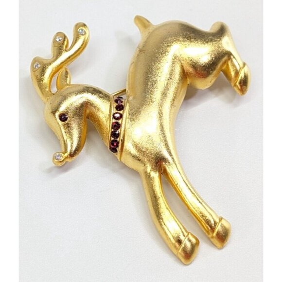 Vintage FLP Matte Gold Tone Glass Rhinestone Reindeer Christmas Brooch Pin - Picture 3 of 6